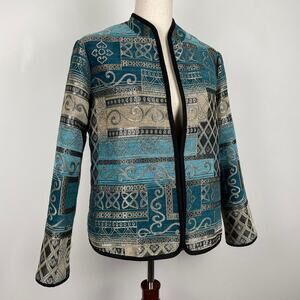 Vintage Serengeti Patchwork Tapestry Jacket Sz S Blue Metallic Shimmery Pockets